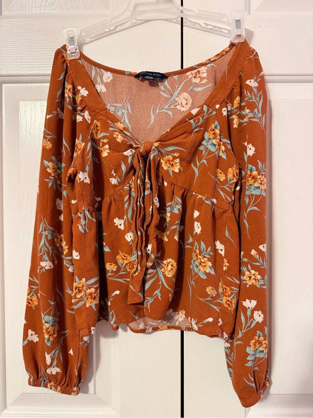 American Eagle Outfitters Rust Floral Tie-Front Blouse